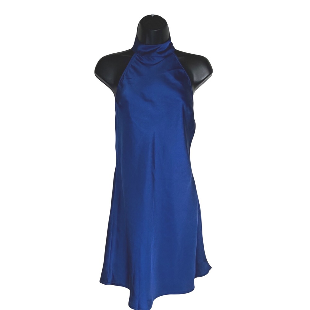 Sincerely Jules Cobalt Royal Blue Satin Mock Neck Halter Open Back Mini Dress